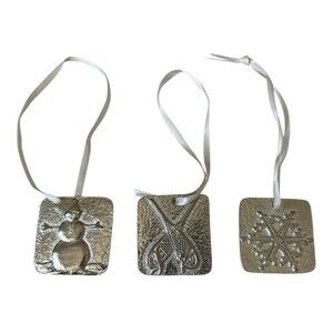 Vintage Vilmain Pewter Ornaments 2002  Set of 3 Snowflake Snowman Snowshoes 1"